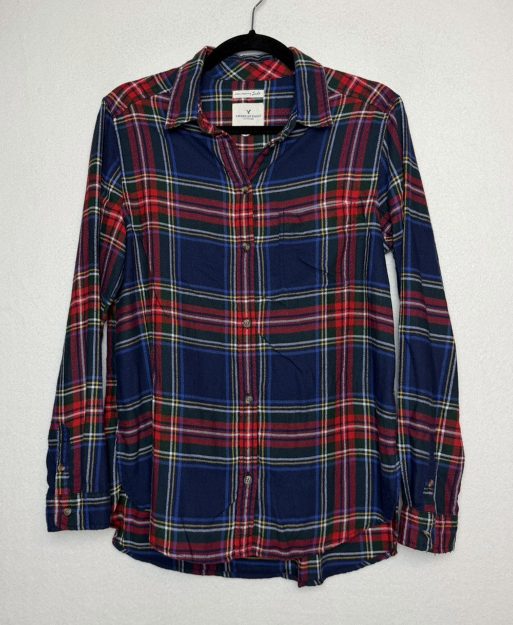 American Eagle Women's Med Blue Flannel Shirt Ahh-Mazingly Soft Boyfriend Fit